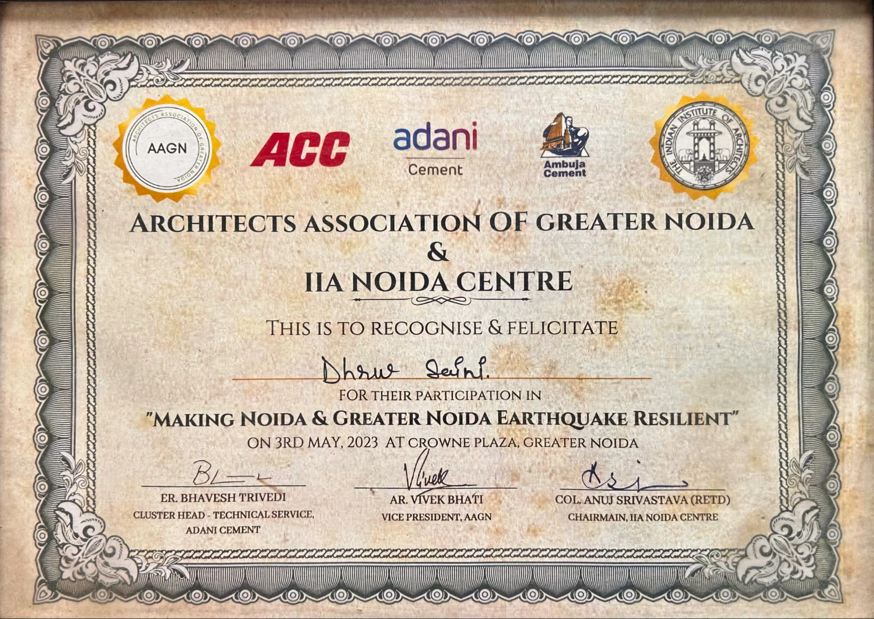 Certificate for the Making Noida and Greater Noida Earthquake Resilient professional programme