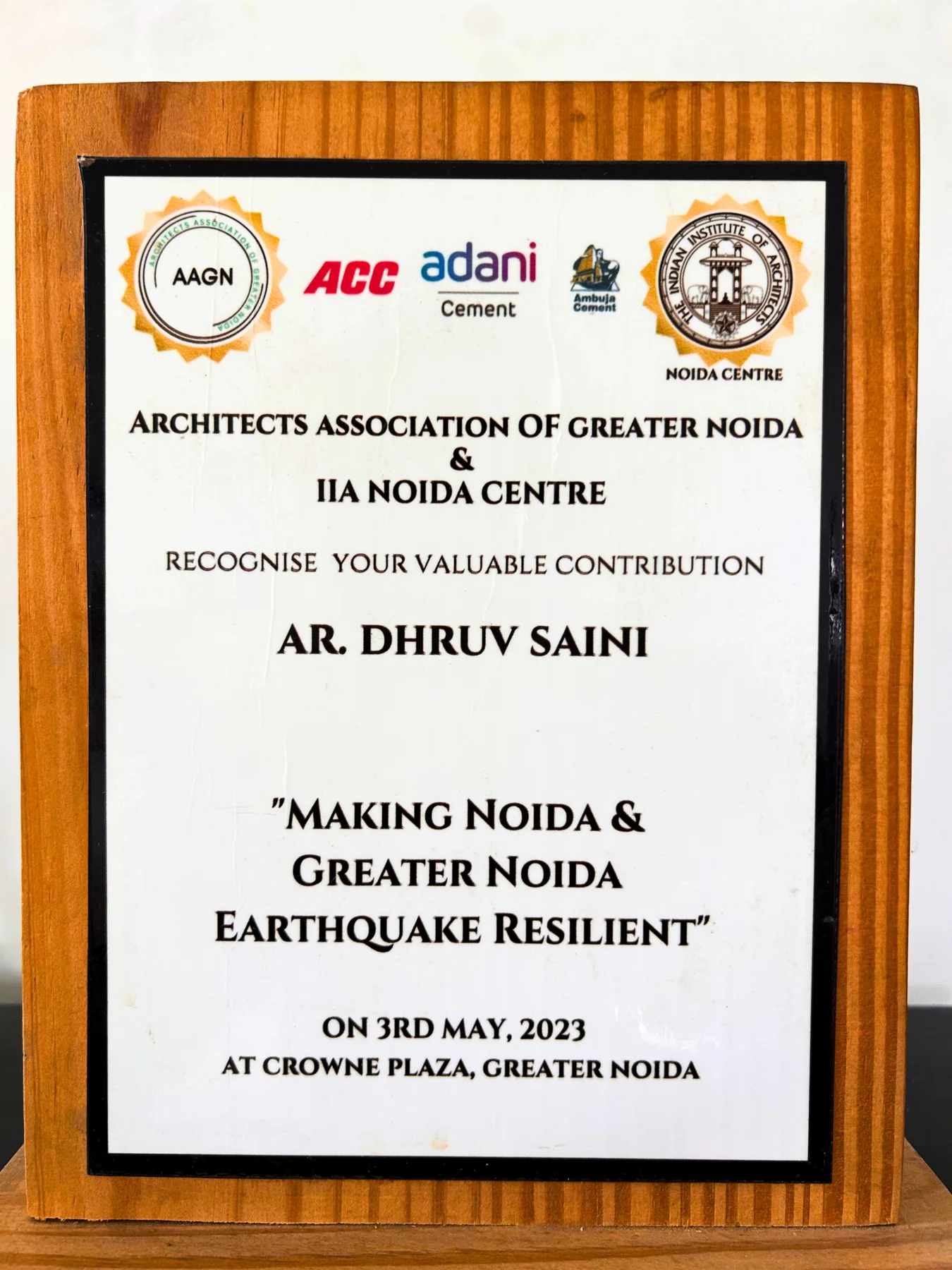 Recognition plaque for the Making Noida and Greater Noida Earthquake Resilient programme