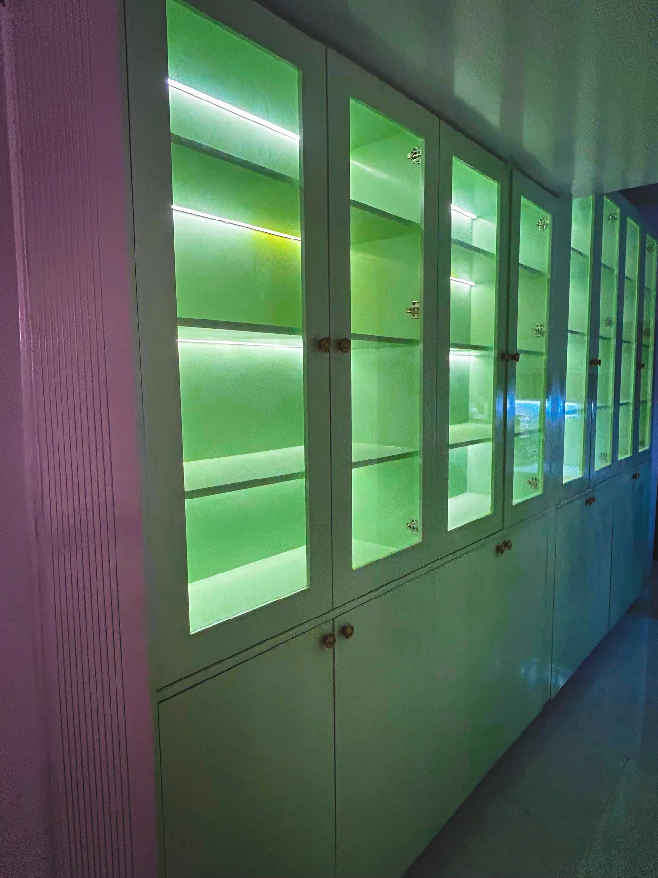 Custom illuminated storage cabinetry at the AWHO Greater Noida residential project