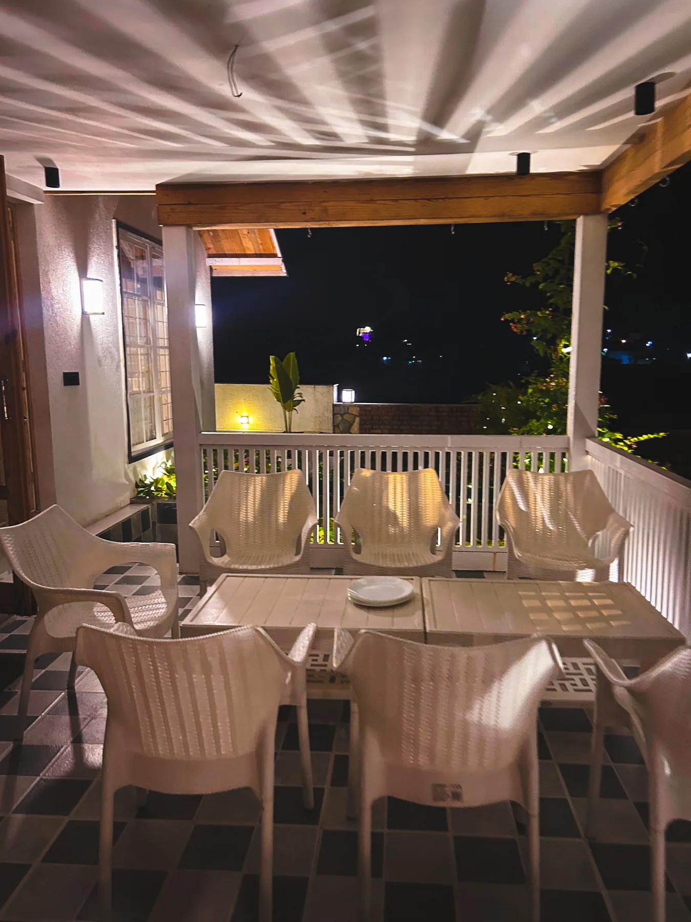 Covered dining area overlooking the Mussoorie landscape