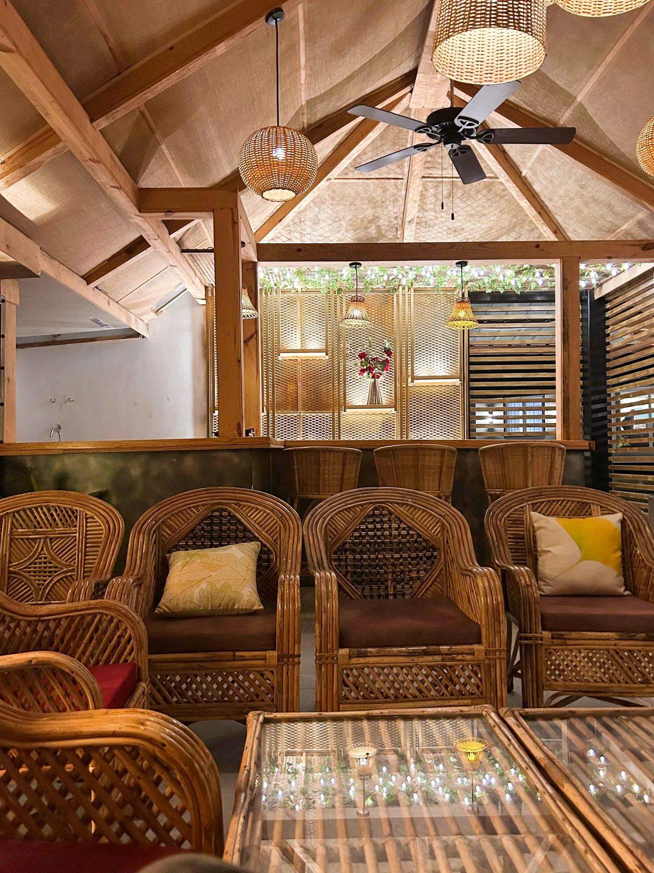 Timber roof lounge interior at the Mussoorie residence