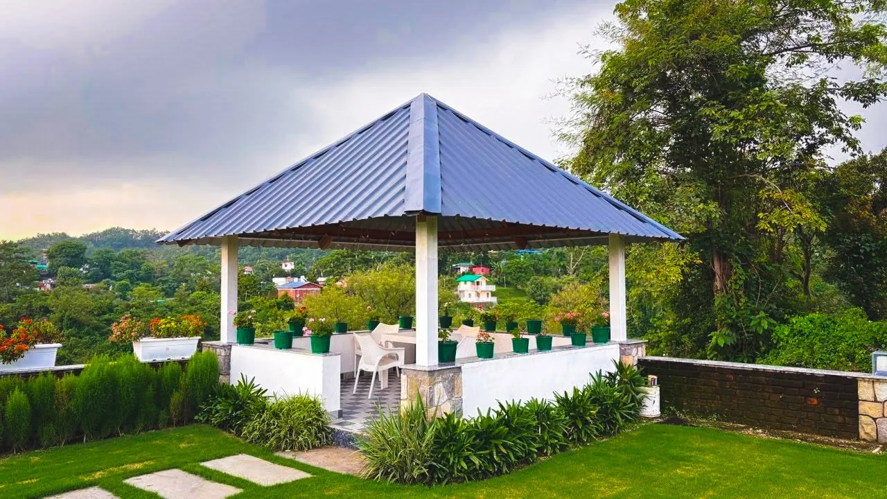 Garden pavilion and lawn at the Mussoorie property